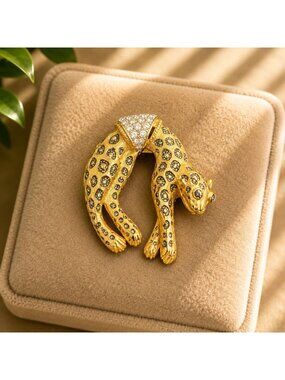 Vintage Gold-Tone Leopard Brooch With Crystal Accents 2 Inches Art Deco-Inspired